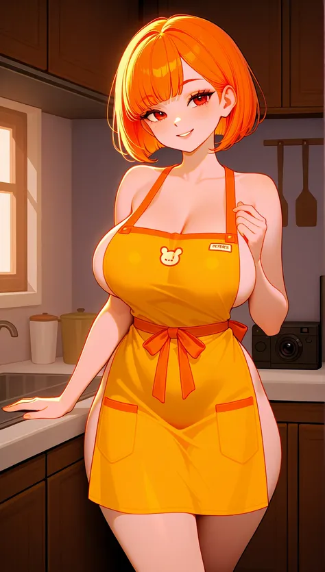 linda, classic bob,  apron , amazing body,  pronounced feminine feature , to hide, kitchen, [ash blonde | ginger |  mischievous smile], freckles,  flirting with the camera 