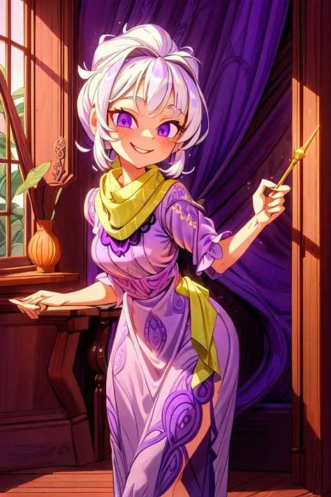 Masterpiece, best quality, 1 old woman, white hair, standing indoors with intricate details and sunlight. purple and green frilled long dress, scarf, purple metallic arm, sexy smiling, sexy pose, coquette, beautiful long legs, mature girl, gorgeous body.