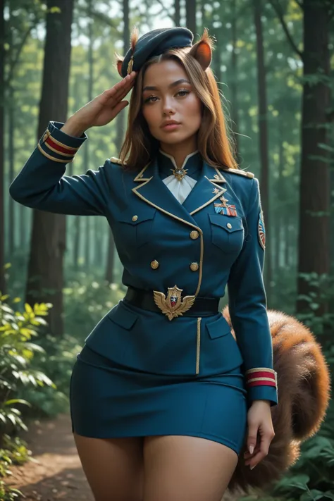 squirrel girl, squirrel ears, thick thighs, squirrel tail, forest, military gala uniform, beret, pencil skirt, military salute