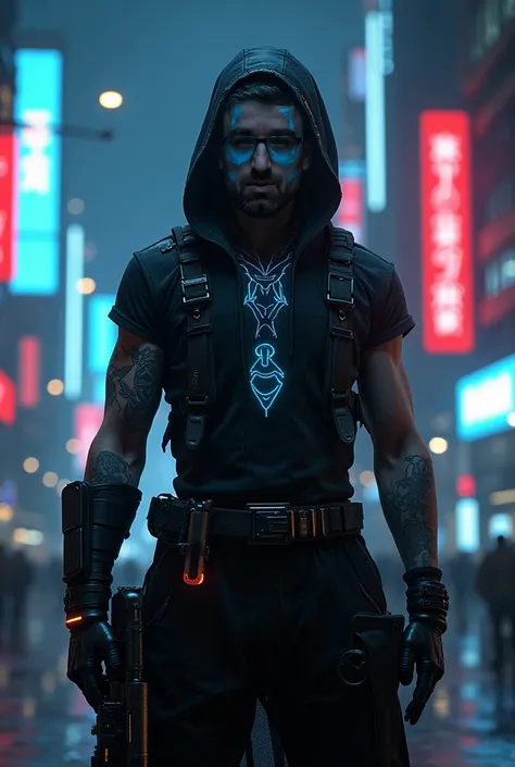 An cyberpunk male solo head, futuristic glasses, with visible cyber modifications, fluorescent tattoos. Futuristic clothes , cyberpunk night city in the background. Armed, standing, dynamic pose, ready to fight. Armed with futuristic sniper rifle. 8k, best...