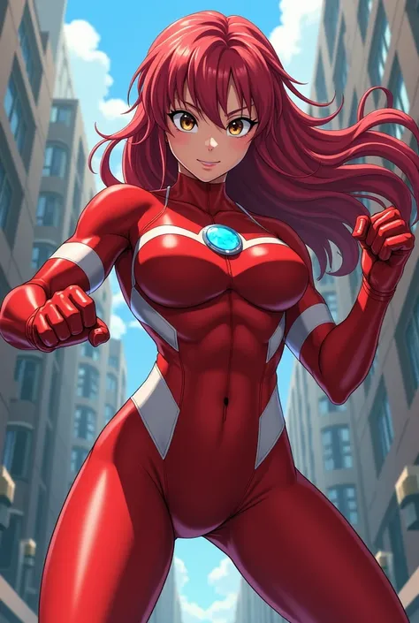 my hero academia style , anime girl, female, young female,muscular female,full body shot,(fighting pose:1.3),long hair, red hair,  brown eyes,hero suit, full body suit, red suit with white details,small round blue jewel in the center of the chest, perfect 