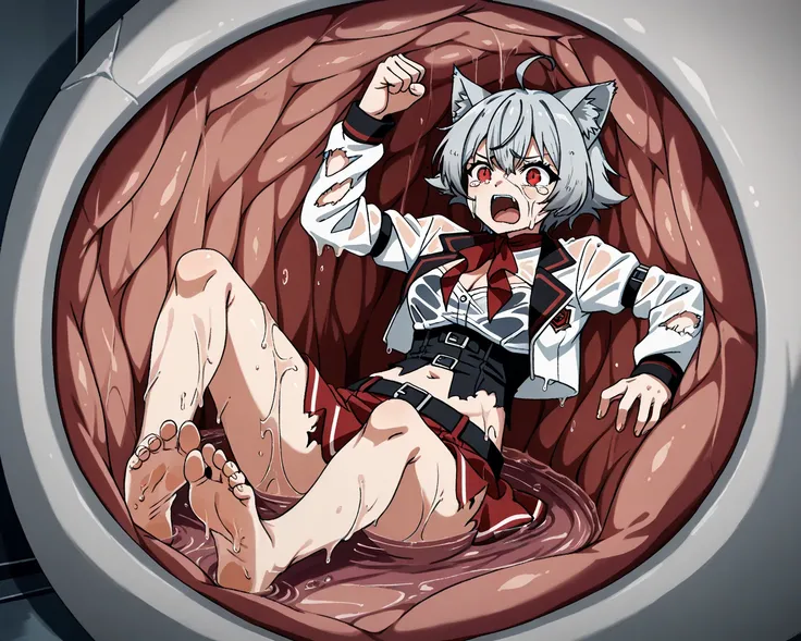 LiniaMT
grey hair, short hair, ahoge, red eyes, slit pupils, cat ears
school uniform, open jacket, cropped jacket, white jacket, white shirt, cleavage cutout, long sleeves, black corset, black belt, red skirt, red neckerchief, barefoot,, solo_vore_internal...