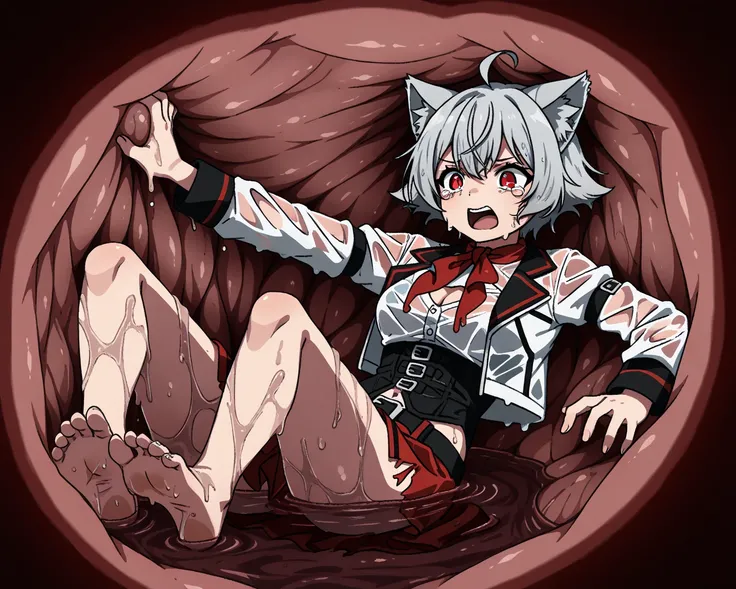 LiniaMT
grey hair, short hair, ahoge, red eyes, slit pupils, cat ears
school uniform, open jacket, cropped jacket, white jacket, white shirt, cleavage cutout, long sleeves, black corset, black belt, red skirt, red neckerchief, barefoot,, solo_vore_internal...