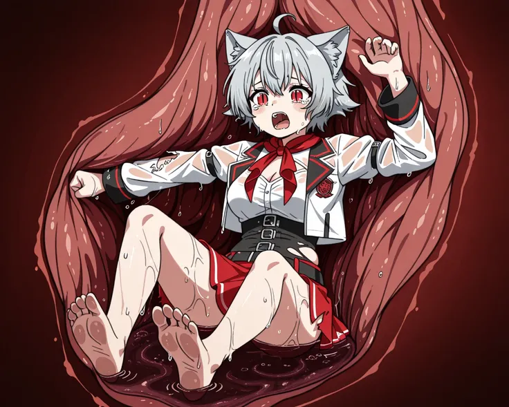 LiniaMT
grey hair, short hair, ahoge, red eyes, slit pupils, cat ears
school uniform, open jacket, cropped jacket, white jacket, white shirt, cleavage cutout, long sleeves, black corset, black belt, red skirt, red neckerchief, barefoot,, solo_vore_internal...