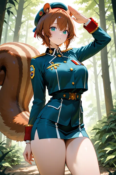 squirrel girl, squirrel ears, thick thighs, squirrel tail, forest, military gala uniform, beret, pencil skirt, military salute