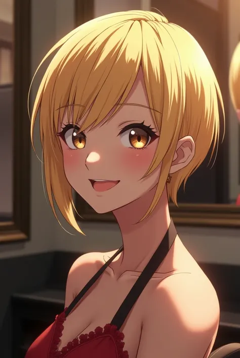 (Best quality) sexy  adault Suzune horikita from classroom of the elite in a hair salon ,with a smile , having gotten a sleek blond ultra short pixie haircut 