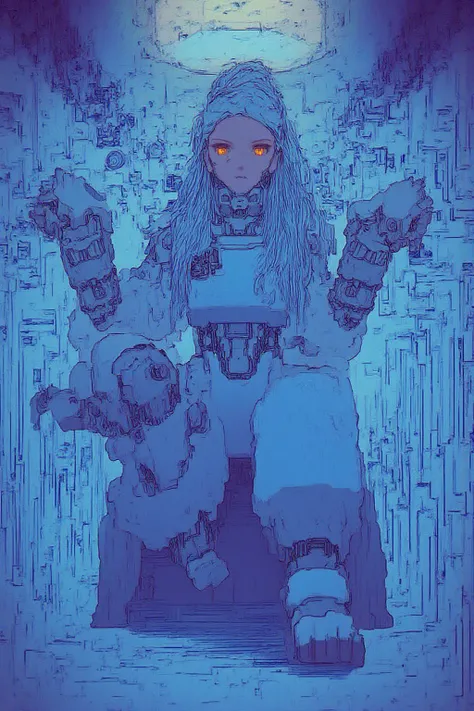 Pandora in a Cerulean Shell, Robotic Blue skinned woman, Long Flowing Prussian Blue Hair, Large Breast, Voluptuous Build, wide hipped, thick thighs, iridescent yellow glowing glass eyes, in a laboratory, squatting, penis, sex