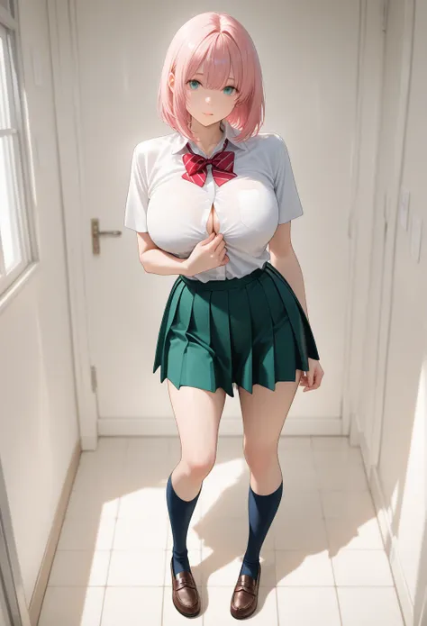 Masterpiece,   best quality  ,   natural light,  very aesthetic,   semi-realistic, Latest,  

  1 girl, Alone,  

 bob hair,  Large Chest ,  simple white background,    pink hair ,    

student、 high school uniform 、 Front Shot 、 big breasts can also be se...