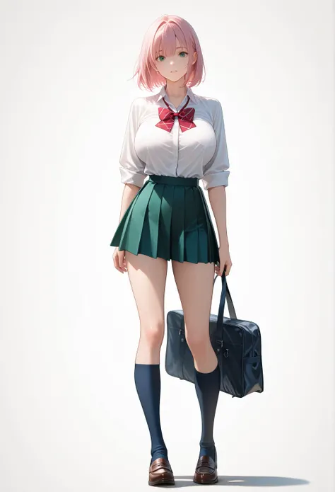 Masterpiece,   best quality  ,   natural light,  very aesthetic,   semi-realistic, Latest,  

  1 girl, Alone,  

 bob hair,  Large Chest ,  simple white background,    pink hair ,    

student、 high school uniform 、 Front Shot 、 big breasts can also be se...