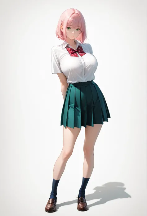 Masterpiece,   best quality  ,   natural light,  very aesthetic,   semi-realistic, Latest,  

  1 girl, Alone,  

 bob hair,  Large Chest ,  simple white background,    pink hair ,    

student、 high school uniform 、 Front Shot 、 big breasts can also be se...