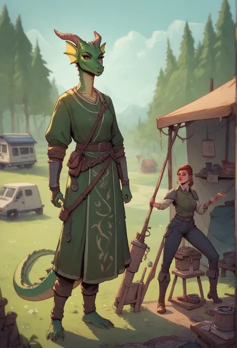 A green dragon artificier. DnD, dungeons and dragons. She stands in a camp, next to a caravan. Inquisitive, holding potions. scalie, dark green scales, green skin, dressed in an armored robe