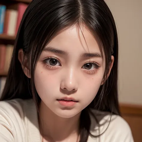   ultra-realistic  ,  Photorealistic, library scene, shadow, Global Illumination,, Alone, ( famous Japanese teenage female idol ), Very beautiful Japanese girl,  So beautiful、Very cute but worried face looking up , I'm getting close to her detailed face , ...