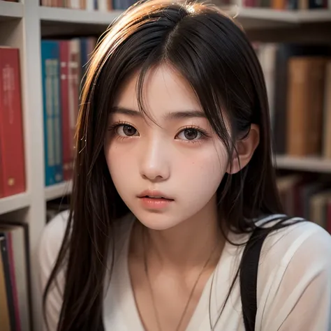   ultra-realistic  ,  Photorealistic, library scene, shadow, Global Illumination,, Alone, ( famous Japanese teenage female idol ), Very beautiful Japanese girl,  So beautiful、Very cute but worried face looking up , I'm getting close to her detailed face , ...