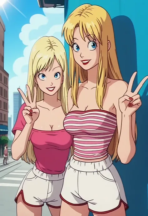 score_9, score_8_up, score_7_up, score_6_up, anime screencap, anime coloring, DBExtraGirl05_2, blonde hair, long hair, bangs, blue eyes, lipstick, medium breasts,
pink striped shirt, cleavage, strapless, dolphinshorts, white shorts, red trim,
smile, ((stan...