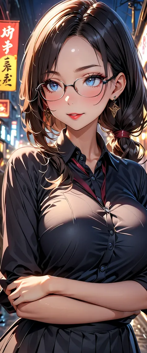 ((masterpiece)),  best quality ,  SUPER DETAILS,  high resolution,  extremely detailed CG integrated 8K wallpaper, HQ_HDR, ( deep depth of field ), (((wear glasses))), (attractive female teacher with big breasts),  black hair, wavy ponytail ,  beautiful fa...