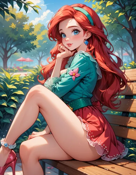 score_9, score_8_up, score_7_up, (cartoon style:1.2), Cartoon image of a beautiful woman, beautiful waifu, (ariel, hairband, blue eyes, red hair:1.3), (short boho dress, thick belt:1.2), thighs, sitting on park bench, legs crossed, (pink platform heels:1.1...