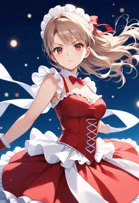  side angles　whole body　 Not Watching Viewers 　 One Girl　　 serious face　Light brown hair　Hair tied up　red eyes　 and dye your cheeks　An excited look　 slender　( Figure Skating Costumes )　Frilled Costumes 　 detailed portrait of an anime girl 　amazing　BEAUTIFU...