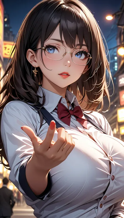 ((masterpiece)),  best quality ,  SUPER DETAILS,  high resolution,  extremely detailed CG integrated 8K wallpaper, HQ_HDR, ( deep depth of field ), (((wear glasses))), ( attractive female teacher with big breasts beckoning for her seat),  black hair, wavy ...