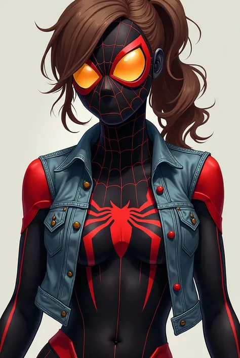 A female hero that's inspired by Spider-Girl, but her suit is mostly black with Red accents and amber lenses. She also has a denim vest with webbing designs all over. Her hair is exposed and is colored brown, in a ponytail.