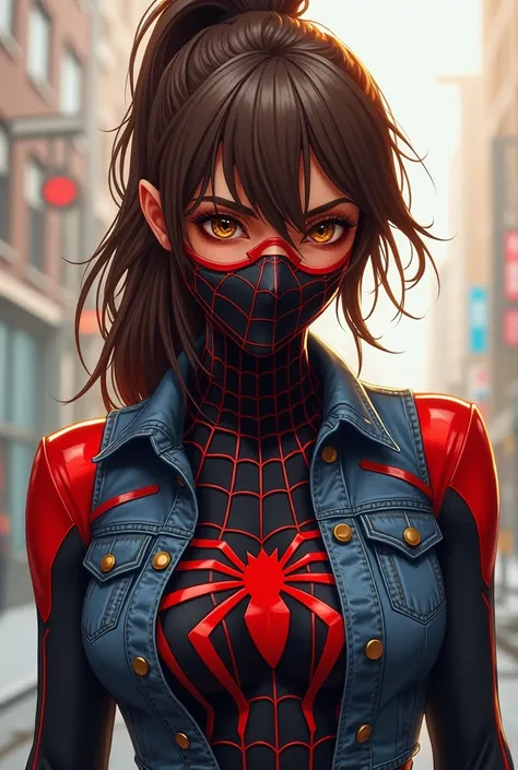 A female hero that's inspired by Spider-Girl, but her suit is mostly black with Red accents and amber lenses. She also has a denim vest with webbing designs all over. Her hair is exposed and is colored brown, in a ponytail.