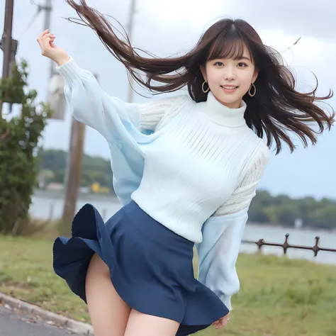 woman, 20 years old,   short black wavy hair 、Bans、 Puffy Nipples 、( white turtleneck knit )、(blue long skirt ),  black stockings、Medium milk,  cute smile、(( poses that emphasize buttocks、I looked back))、 sexy hips、 black high heels 、big necklace、((((The s...