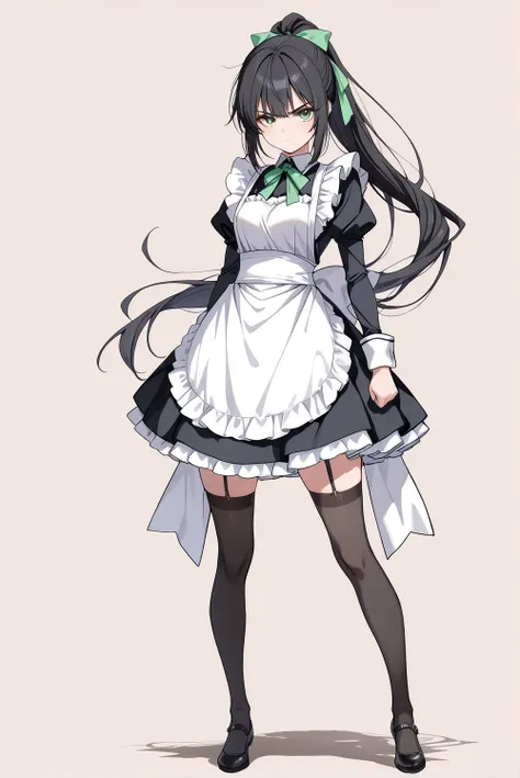 ((masterpiece, best quality, extremely detailed)), 1girl, black hair, long hair, ponytail, green eyes, hair ribbon, (maid, frills), black thighhighs, serious, standing, looking at viewer, full body, no cropping, simple background,