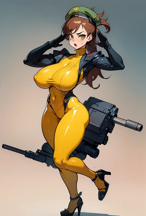 ((wide hips)), (( very wide hips)), (((colossal Thighs, gigantic thighs, very huge thighs, very big thighs))), big breast, young girl, Pullover, whole body to see, ponytail hair, big thighs, very big breast, thin waist, fullbody, standing, front pose, body...