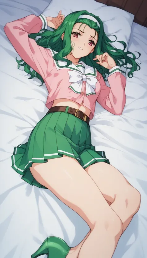 Kondo Nagisa、 green hair、 Hair Band 、Serafuku、 pink shirt、belt、 pleated skirt、 green skirt 、 green panties 、white high heel pumps、Lie on your back on the bed、