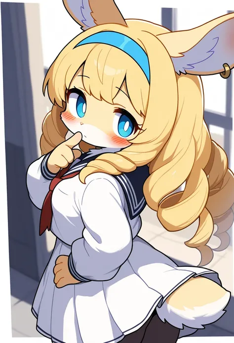 1girl, (furry, kemono:1.4), rabbit girl, animal nose, rabbit ears, 1girl, blonde hair, long hair, blue eyes, drill hair, looking back, hand on own hip, blush, pantyhose, hairband, white school uniform, earrings, dress, looking at viewer, solo, blue hairban...