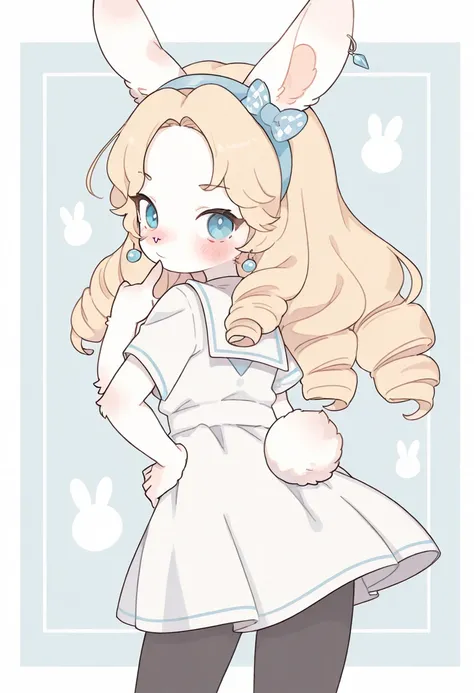 1girl, (furry, kemono:1.4), rabbit girl, animal nose, rabbit ears, rabbit tail, blonde hair, long hair, blue eyes, drill hair, looking back, hand on own hip, blush, pantyhose, hairband, white school uniform, earrings, dress, looking at viewer, solo, blue h...