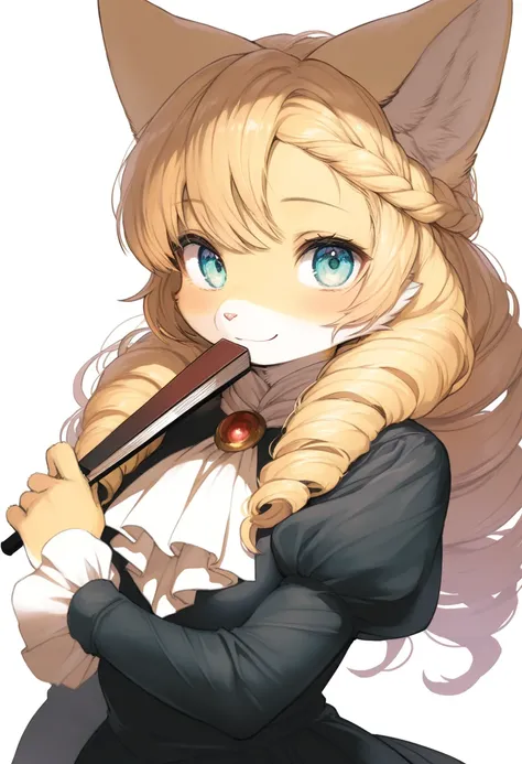 1girl, (furry, kemono:1.4), cat girl, animal nose, cat ears, blonde hair, long hair, drill hair, braid, green eyes, blue eyes, puffy sleeves, ascot, dress, long sleeves, looking at viewer, solo, holding, white background, simple background, upper body, han...