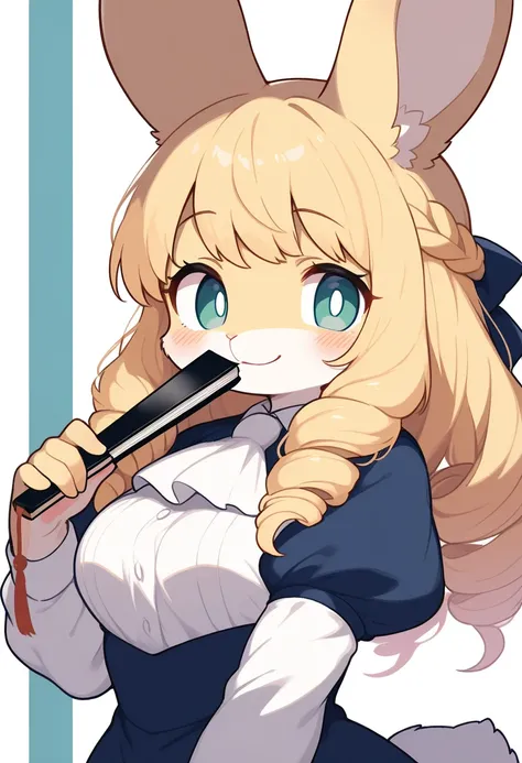 1girl, (furry, kemono:1.4), rabbit girl, animal nose, rabbit ears, blonde hair, long hair, drill hair, braid, green eyes, blue eyes, puffy sleeves, ascot, dress, long sleeves, looking at viewer, solo, holding, white background, simple background, upper bod...