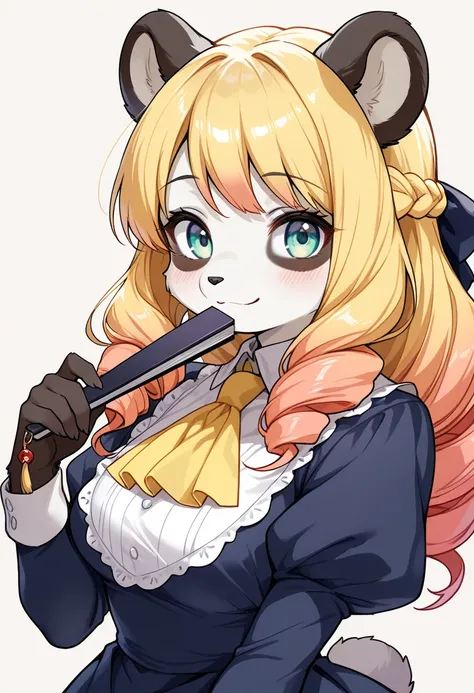 1girl, (furry, kemono:1.4), panda girl, animal nose, panda ears, blonde hair, long hair, drill hair, braid, green eyes, blue eyes, puffy sleeves, ascot, dress, long sleeves, looking at viewer, solo, holding, white background, simple background, upper body,...