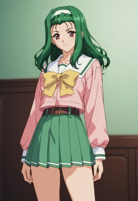 Kondo Nagisa、 green hair、 Hair Band 、Serafuku、 pink shirt、belt、 pleated skirt、 green panties 、