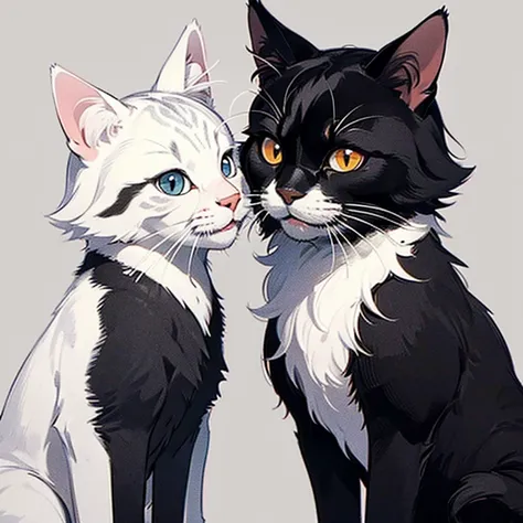 image of two cats looking at each other and smiling, sketch,  cartoon ,  black and white,  white background