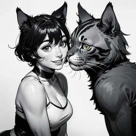 image of two cats looking at each other and smiling,  black and white sketch ,  cartoon ,  white background