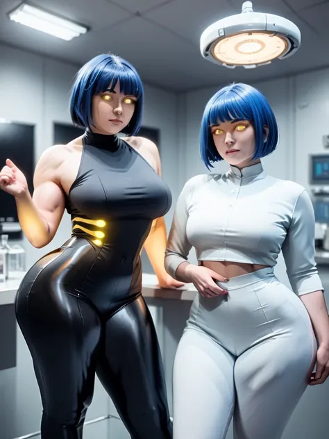 Pandora in a Cerulean Shell, Robotic Blue skinned woman, Bob Cut Prussian Blue Hair, Large Breast, Voluptuous muscular Build, wide hipped, thick muscular thighs, iridescent yellow glowing glass eyes, standing in a laboratory, there is a woman in a black dr...