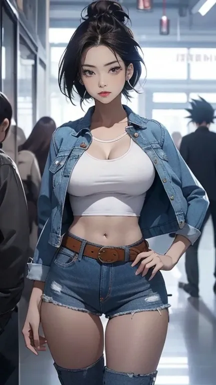 Ultra-fine images, ultra high definition, 16k, Professional photos, (《Dragon Ball etailed real photos of Android-18)  beautiful goddess, very straight blonde short hair, serious facial expression, ((She is wearing a blue denim jacket and a white cropped sh...