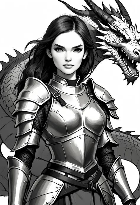 Create a woman dressed in armor and a dragon behind her, sketch,  black and white