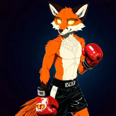 furry,  solo antro , eyes, to smile,  looking at the spectator , phoenix,  fox,  orange fur,  yellow-eyed ,  glowing eyes, wearing boxing shorts,  using boxing gloves ,