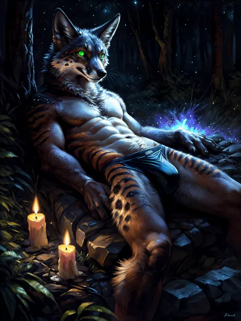 solo, male, (slim), (male anthro fox):1.3,  white fur with black stripes and spots, (laying on back):1.3, (kemono:1.4)
(black thong:red pattern:1.2),
detailed eyes, tail, bulge, ((body portrait)), 
(detailed eyes, green eyes, glowing eyes):1.1,
(outdoors:1...