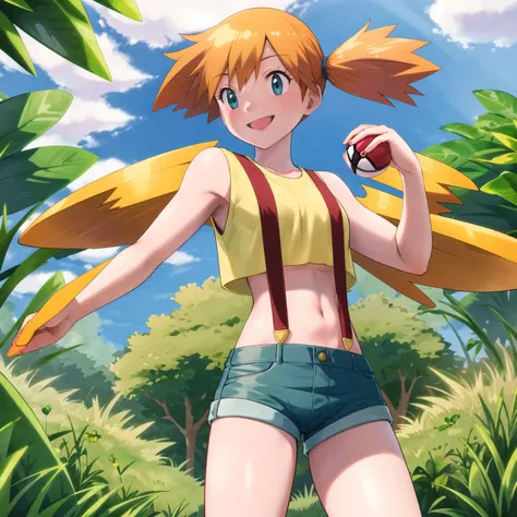 masterpiece, best quality, highres, 1girl, misty (pokemon), orange hair, solo, shorts, suspenders, side ponytail, orange hair, midriff, yellow crop top, navel, short hair, denim, denim shorts, smile, cowboy shot, standing, outdoors,