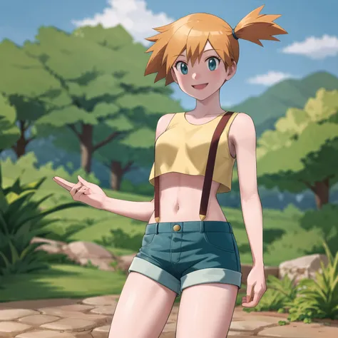 masterpiece, best quality, highres, 1girl, misty (pokemon), orange hair, solo, shorts, suspenders, side ponytail, orange hair, midriff, yellow crop top, navel, short hair, denim, denim shorts, smile, cowboy shot, standing, outdoors,