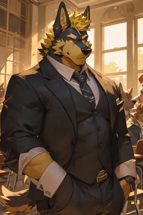 ((best quality)), ((masterpiece)), (detailed), perfect face, bara furry, dog man, big body, black skin, short quiff yellow hair, yellow eyes, perfect eyes, big dog ears, handsome, at school