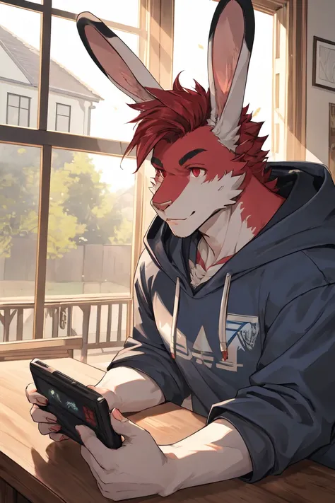 ((best quality)), ((masterpiece)), (detailed), perfect face, bara furry, rabbit man, big body, white skin, short quiff red hair, red eyes, perfect eyes, long rabbit ears, handsome, at home, blue hoodie, playing game