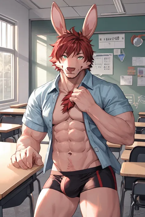 bara furry bunny, perfect face, red short hair, pink skin, underwear and openedshirt only, at school