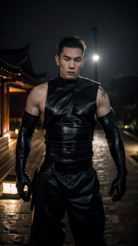 Japanese male ninja, muscular, cool, handsome, sharp, pale skin, pierced ears, wears a sexy tight black ninja outfit, tattoos, knife weapon, mysterious, solemn, late at night, on the roof of a Japanese temple, dark, fog. thick, portrait , only male , only ...