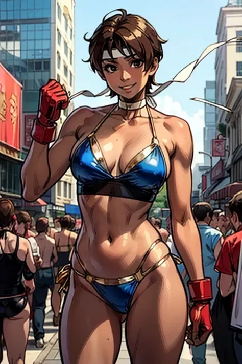 sakura kasugano, brown eyes, (short brown hair),(white headband), sailor collar,, navel,, red gloves, looking at viewer, smiling, standing, medium shot,  outside, city, street, market, crowd,, blue sky, high quality, masterpiece,  ,, (((((gold micro bikini...