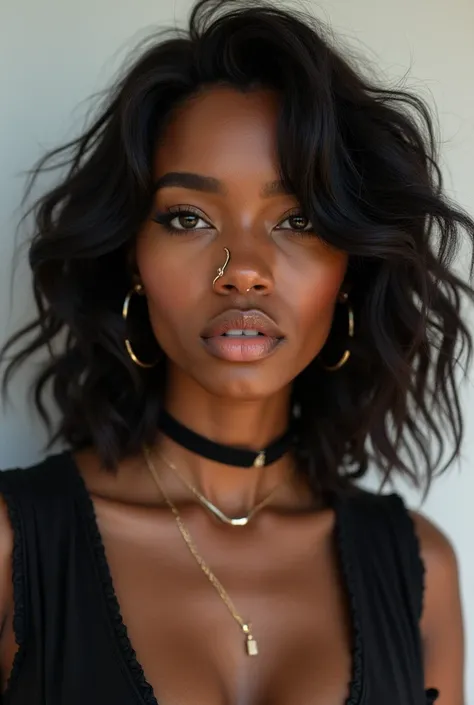 young black woman, wavy hair, nose ring, piercings