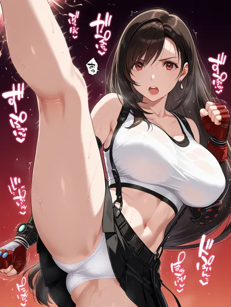  Tifa Lockhart, shaking boobs, boobs are visible:1.5, Big Breasts , sweating ,looking viewer,(((High kick 1 .6)), ((( punch, white panties))),